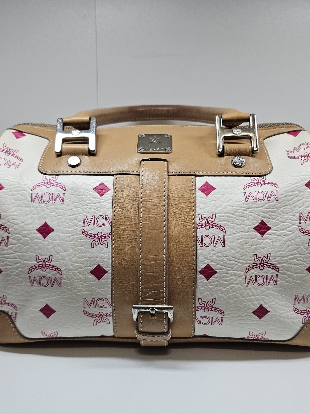 MCM Tan & White Boston Satchel with Pink Logo Print